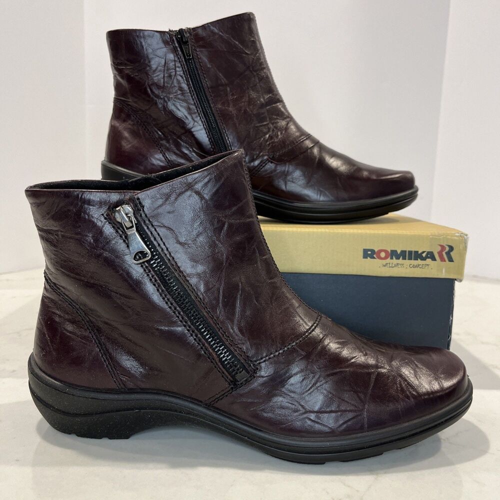 Romika NEW Cassie 05 Burgundy Leather Side Zip Ankle Boots Booties EU‎ 42 US 11